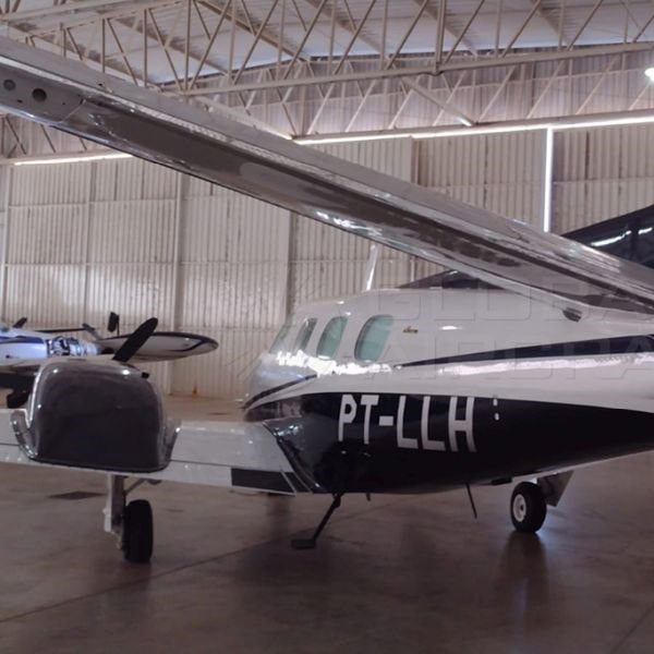 1981 Beechcraft B60 Duke for sale by Global Aircraft. Parked in the hangar-min
