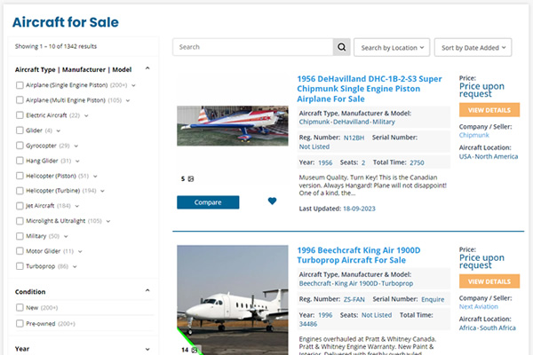 Aircraft for Sale Page on AvPay