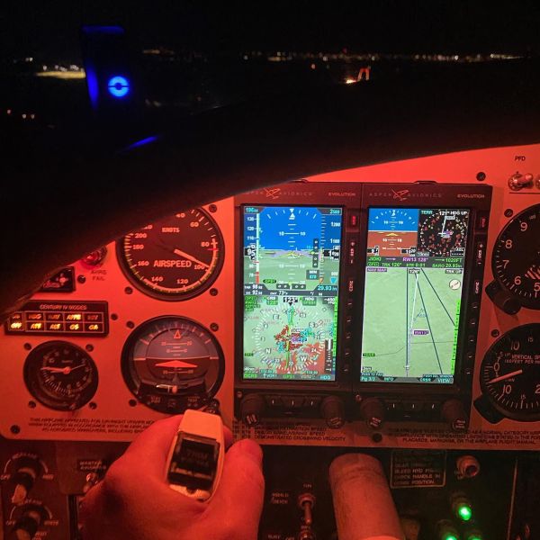 Cockpit at night with red light