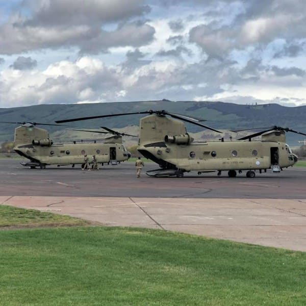 Columbia Gorge Regional Airport Chinook Helicopters parked on the hard standing-min