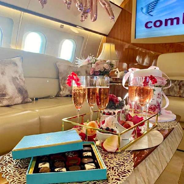 Comlux gallery. Champagne reception in a private jet