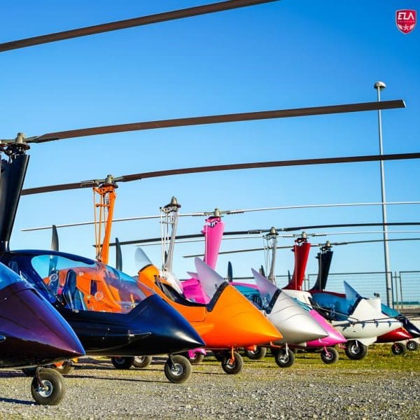 ELA Aviacion eight gyrocopters in a line