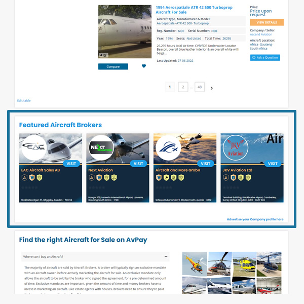 Featured Aircraft Broker on Aircraft for Sale Pages - Advertise on AvPay