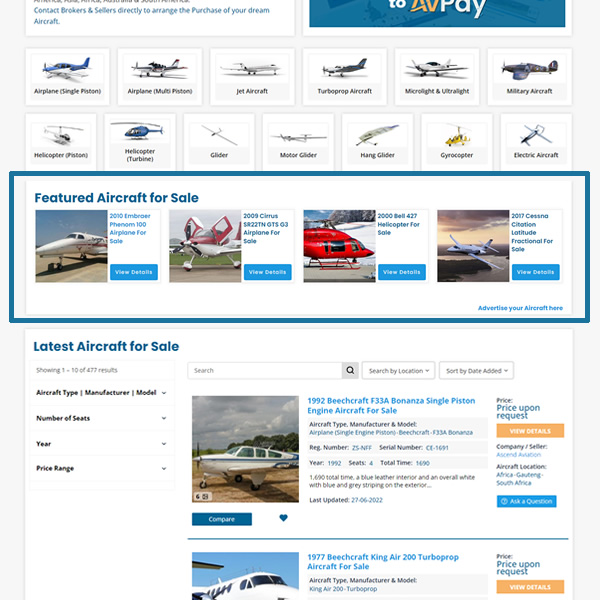 Featured Aircraft for Sale – Advertise on AvPay