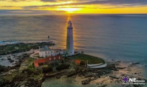 Sunrise over St Mary's Lighthouse Drone Stock Image For Sale