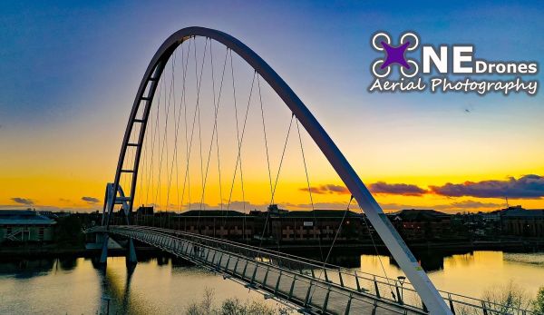 Infinity Bridge With Sunset in Background in Stockton on Tees Drone Stock Image For Sale