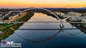 Infinity Bridge Sunset in Stockton on Tees Drone Stock Image For Sale