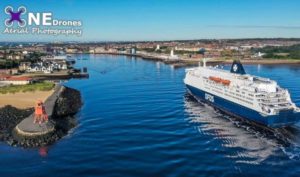 South Shields DFDS Ferry Arrival in the Morning Sun Drone Stock Image For Sale