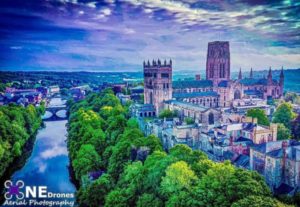 Durham Cathedral from the river Tees Drone Stock Image For Sale