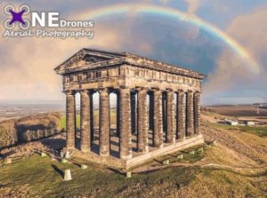 Rainbow at Penshaw Monument Drone Stock Image For Sale