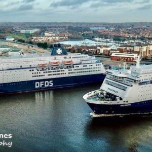 DFDS King & Princess Seaways Ferries at Harbour Drone Stock Image For Sale