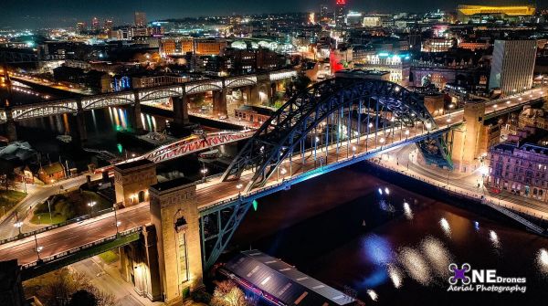 Tyne Bridge in Newcastle at Night Drone Stock Image For Sale
