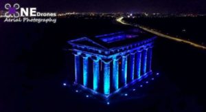 Penshaw Monument lit-up for NHS Drone Stock Image For Sale