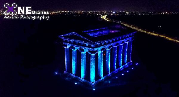 Penshaw Monument lit-up for NHS Drone Stock Image For Sale