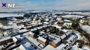 Snowy Village Drone Stock Image For Sale