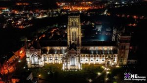 Durham Cathedral Night Shot Drone Stock Image For Sale