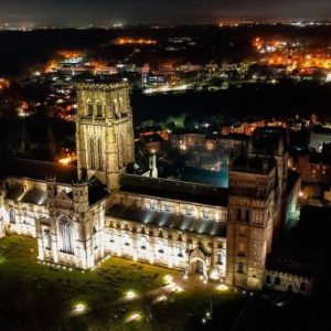 Durham Cathedral at Night Drone Stock Image For Sale