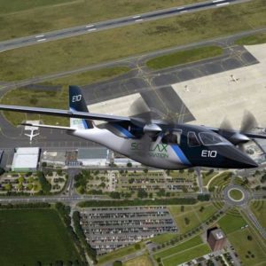 New Elektra Solar E10 Scylax Electric Aircraft For Sale in flight over airport 3d render