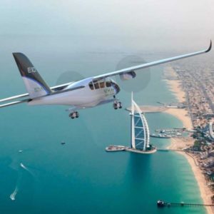 New Elektra Solar E10 Scylax Electric Aircraft For Sale in flight over coast line 3d render