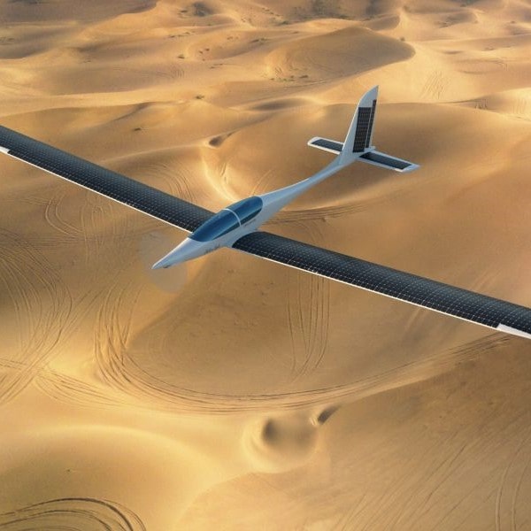 New Elektra Solar Elektra Eagle Electric Aircraft For Sale flying above desert 3d rendering
