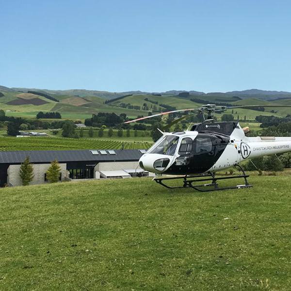 The Grape Vine (Wine Tasting) Scenic Flight From Christchurch Helicopters helicopter outside winery